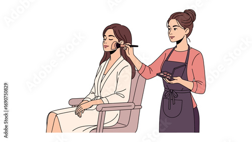 Professional makeup artist applying cosmetics to a seated woman s face with a brush and palette in a salon setting