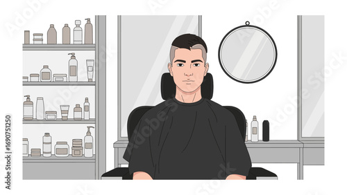 Young man with a modern edgy haircut sitting in a barber chair at a stylish salon with shelves of hair products and a mirror
