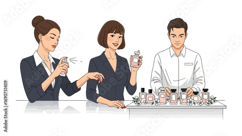 Three diverse individuals two women and one man examining and smelling perfume bottles displayed on a counter in a retail or laboratory setting