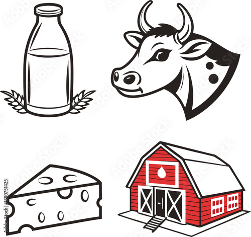 Milk, Cheese, Cow, and Barn Vector Graphics