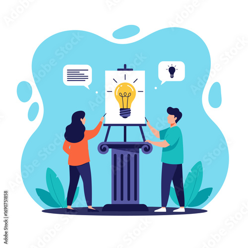 Two people collaborating on an artistic easel presenting a bright idea illustration and communication bubbles symbolizing brainstorming and innovation for creative projects and learning development