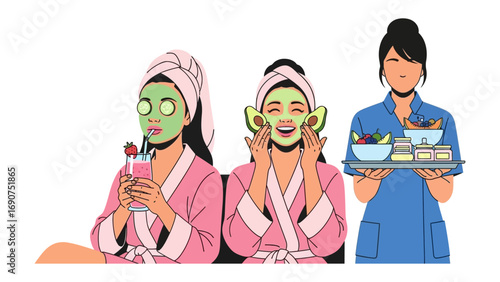 Diverse women in spa robes and towels enjoying facial masks and cucumber slices with a therapist serving refreshments and beauty products