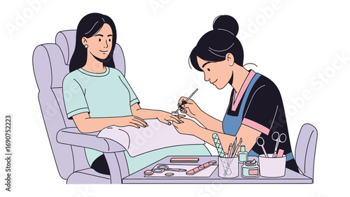 Young woman relaxing in a comfortable chair while a professional manicurist meticulously applies nail polish to her fingernails at a salon