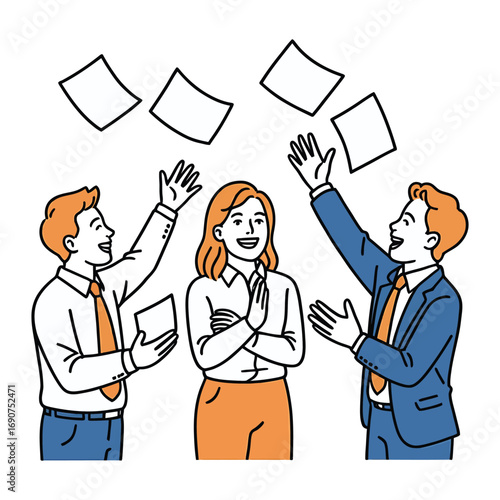 Three cheerful office workers are throwing papers in the air, celebrating a successful project hand drawn vector illustration