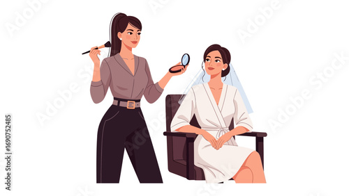 Professional makeup artist applying cosmetic products to a bride sitting in a chair preparing for wedding day beauty