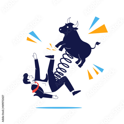 Bull market surprise attack unexpected bounce knocking down businessman working hard in financial markets