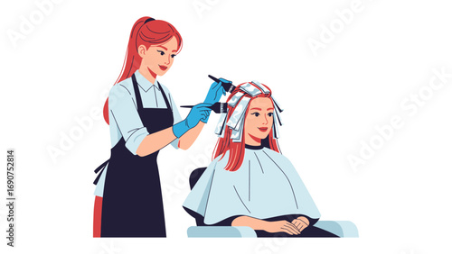 Professional hairstylist carefully applying hair dye to client s red hair using foil highlighting technique in salon