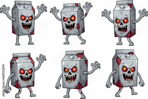 Zombie milk carton characters, glowing red eyes, horror cartoon style, creepy packaging design, scary food illustration, undead dairy product monsters