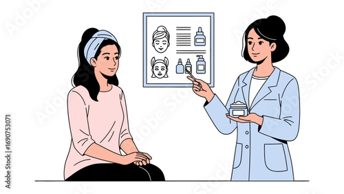 Dermatologist consulting with a young woman about skincare treatments and products in a medical office setting