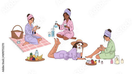 Diverse group of young women enjoying a relaxing spa day at home applying nail polish and face masks wearing fluffy robes and hair towels