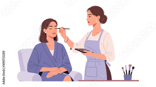 Professional makeup artist applying cosmetic products to a young woman s face with a brush in a beauty salon setting