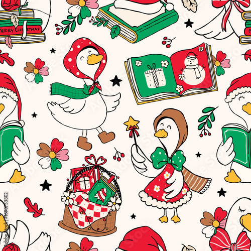 Seamless pattern of cute goose with bookish charm, cozy gifts, and festive details. Vector illustration