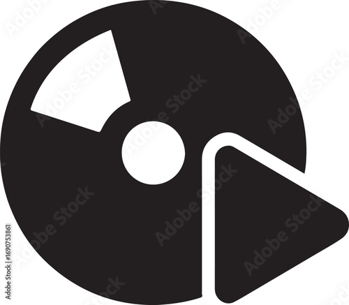 CD disk with play button overlay silhouette, minimalist vector design for media, music, video, and digital themes.