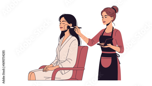 Professional makeup artist applying foundation to a young woman sitting in a salon chair with eyes closed during a beauty session