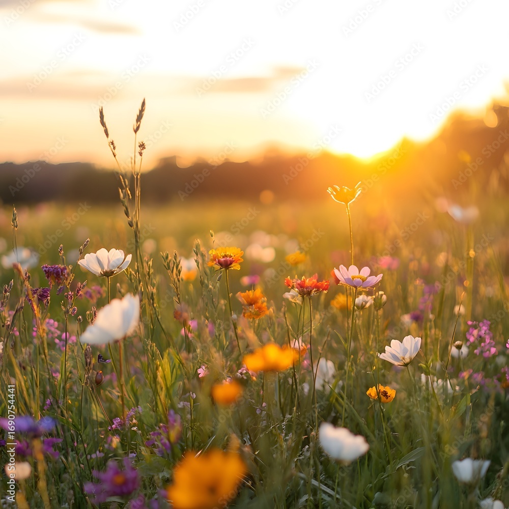 Fototapeta premium Golden Hour Meadow: A vibrant wildflower meadow glows in the warm light of the setting sun, creating a scene of natural beauty and tranquility.