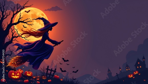 A Halloween night scene featuring a witch riding her broomstick past a festive graveyard and a jack o' lantern with a bat flying over it