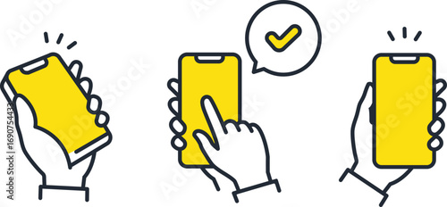 Smartphone holding hand simple vector flat icon illustration set material png transparent background app and website