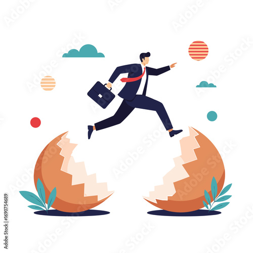 Entrepreneurial leap over an eggshell symbolizing new beginnings and business growth