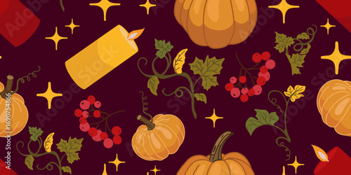 Seamless autumn pattern featuring pumpkins, rowan berries and decorative candles on a dark background. Perfect for textiles, wallpapers, packaging and seasonal designs.