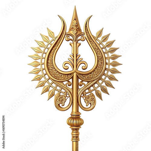 Ornate Golden Trisula: Hindu Religious Symbol, Detailed Closeup