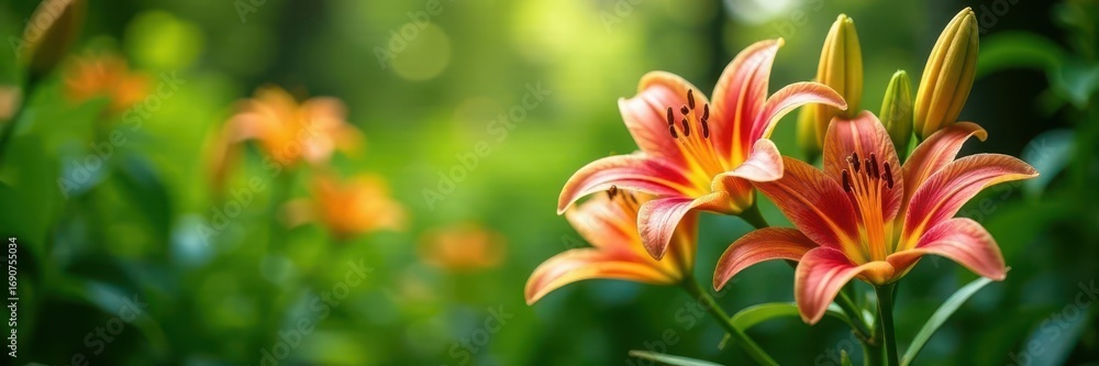 Fototapeta premium Vibrant lilies in full bloom, lush green foliage, delicate, outdoor
