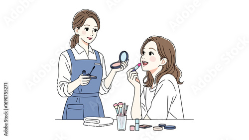 Young woman applying lipstick with a makeup artist assisting her in a beauty salon or home setting with makeup products on the table