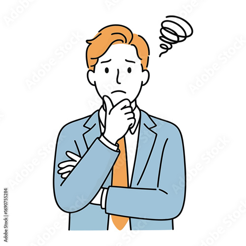 Pensive man in suit, contemplating a problem with hand on chin and swirling thoughts in a vector illustration