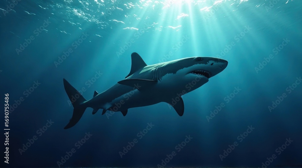 Fototapeta premium A great white shark swims in blue ocean water with sun rays