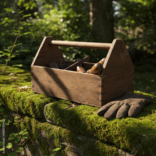 Rustic wooden toolbox with gardening tools rests on a mossy stone wall.
