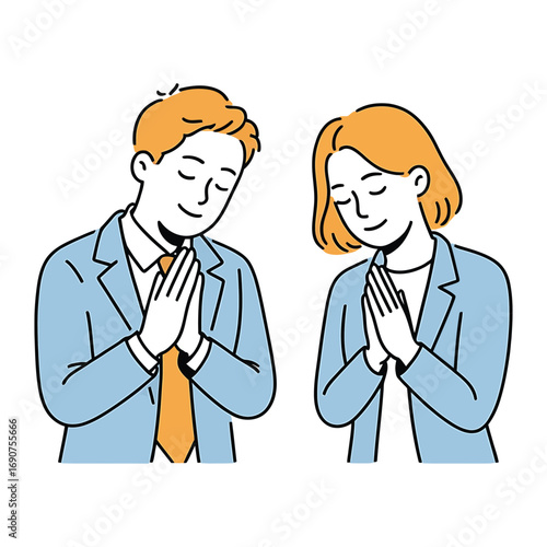 A man and a woman in suits are bowing with their hands together in a gesture of respect, they are smiling and looking down