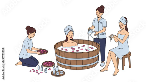 A serene spa scene with three women enjoying a relaxing herbal bath and beauty treatments in a tranquil natural setting surrounded by flowers and oils