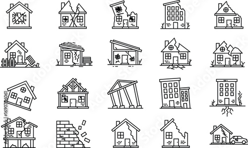 Damaged building icon set — vector illustrations of cracked walls, broken roofs, collapsed structures, debris, and architectural destruction scenes