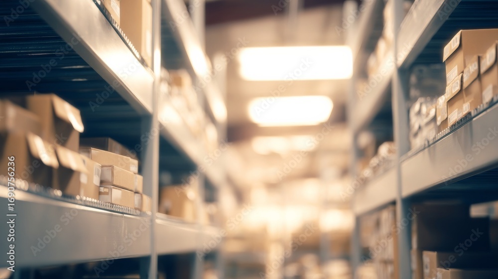 Naklejka premium An indoor warehouse with neatly organized shelves stocked with cardboard boxes, soft warm lighting,