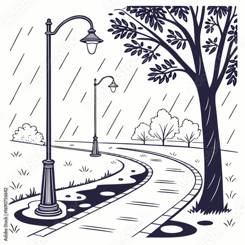 A park pathway curves through a rainy landscape with vintage lampposts and a large tree