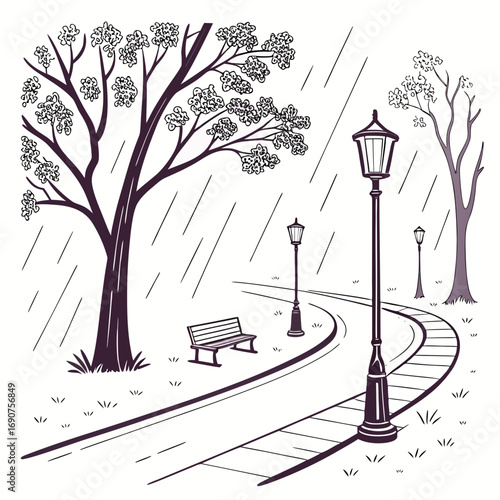 A solitary park bench sits beneath a blooming tree during a gentle rain shower with lampposts lining the path