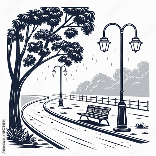 A solitary park bench sits beneath a large tree on a rainy day with streetlights illuminating the path