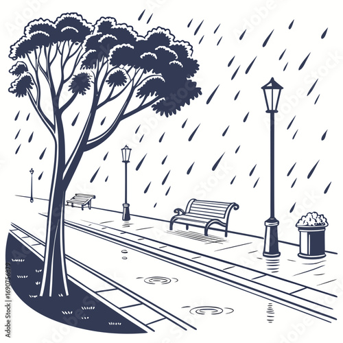 A solitary park bench sits empty under a large tree during a heavy downpour with rain falling