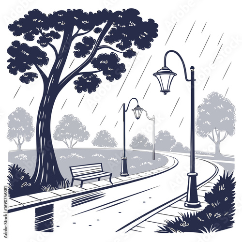 A solitary park bench sits beside a wet path under a large tree during a rainy day