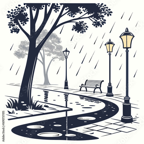 A solitary park bench sits under lampposts on a rainy day with puddles reflecting the scene