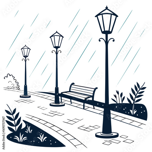 A solitary park bench sits under three vintage lampposts during a gentle rain shower