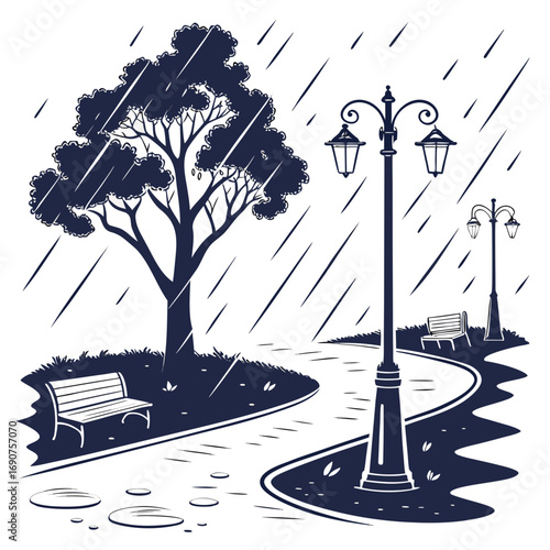 A solitary park scene with a large tree benches and lampposts during a heavy rain shower