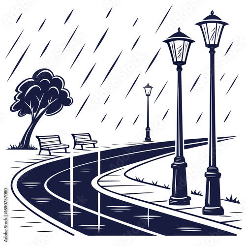A solitary park scene with benches and lampposts under a heavy rainfall and a winding wet path