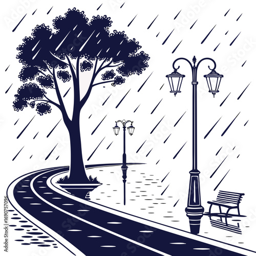 A solitary tree and a park bench stand under a heavy downpour next to a winding path and lampposts