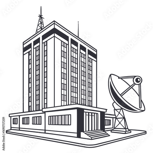 Modern broadcasting station building with satellite dish and antenna for communication and transmission