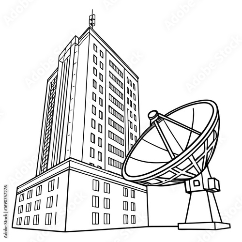 Modern communication building with a large satellite dish antenna on a clear white background