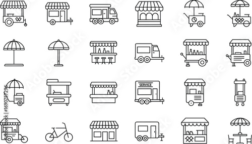 Street Food and Market Stall Line Icons – Mobile Vending, Food Trucks, Outdoor Dining, Urban Commerce, Event Setup Vector Collection
