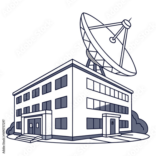 Modern communication building with a large satellite dish antenna on the roof for broadcasting and receiving signals