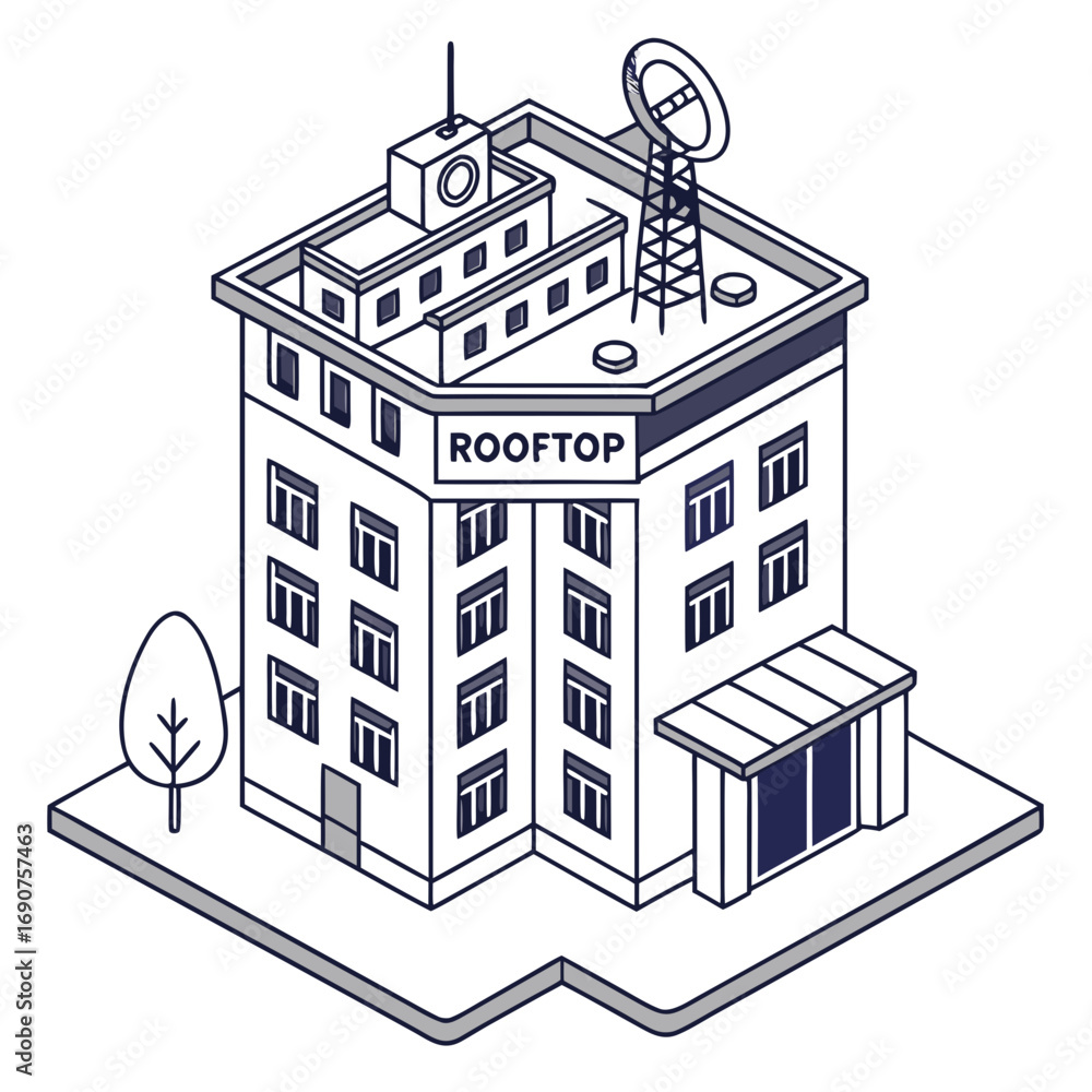 Fototapeta premium Modern isometric building with rooftop antenna and signage indicating rooftop access for communication and city views