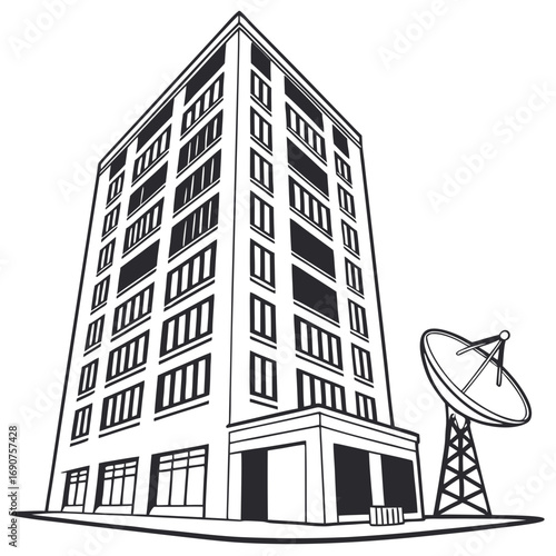 Modern high rise apartment building with a satellite dish on a white background vector illustration
