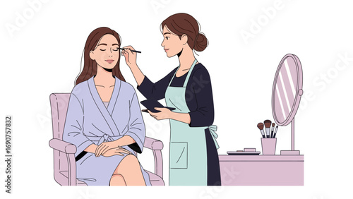 Professional makeup artist applying makeup to a client sitting in a chair in a beauty salon setting with mirror and brushes